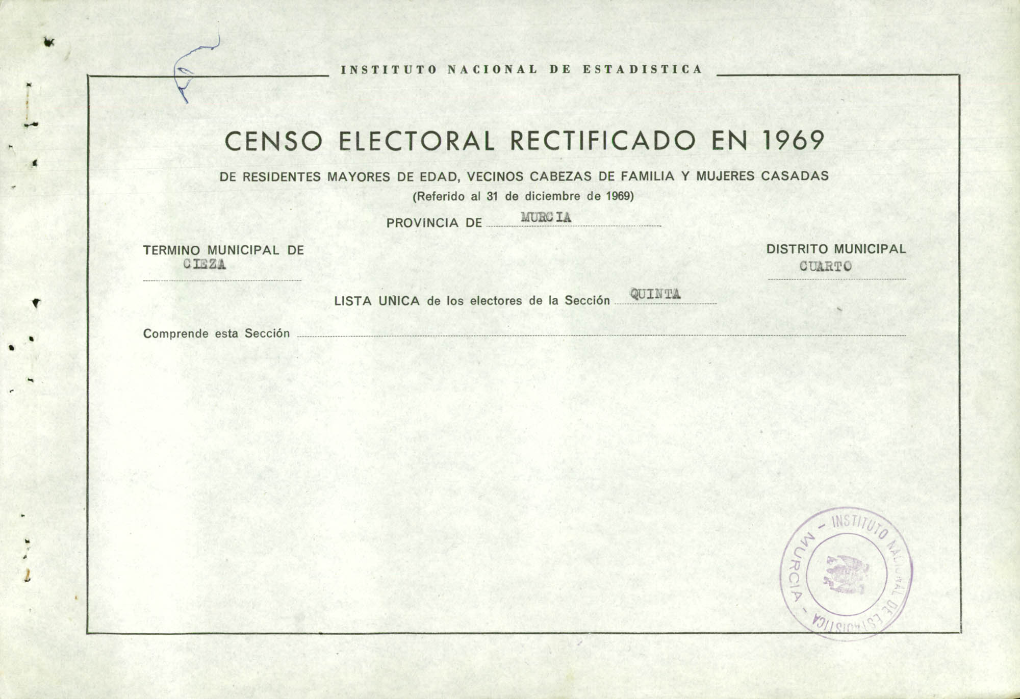 Censo electoral rectificado en 1969: listas definitivas de Cieza, Distrito 4º, sección 5ª.